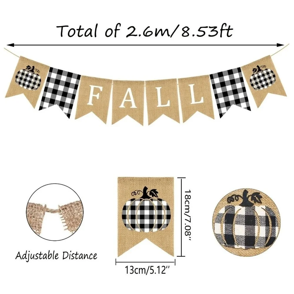 Fall Burlap Banner Buffalo Plaid Pumpkin Thanksgiving Garland 8.5ft Rustic Decor